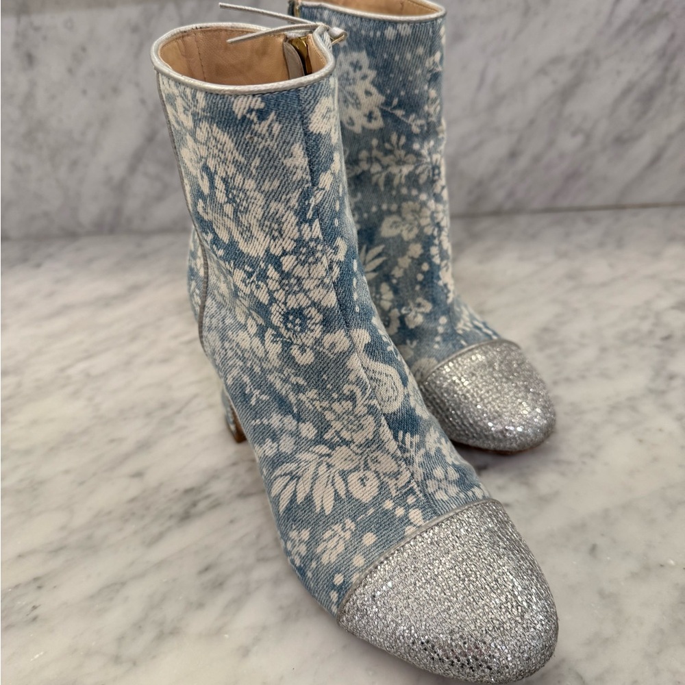 Floral Blue and Silver Women's Ankle Boots